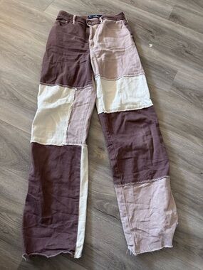 Hollister Colorblock Patchwork Boyfriend Jeans — Brown, Light Pink, Cream